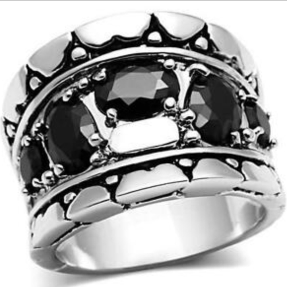 Bohemian Cocktail Ring Size 6 8 Goth Onyx Black Stone Silver Rhodium Plated